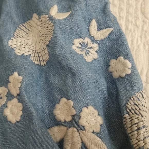 Denim Puff Sleeve Embroidered Midi Dress Babydoll Lightwash Modest Cute Sundress - Picture 4 of 9